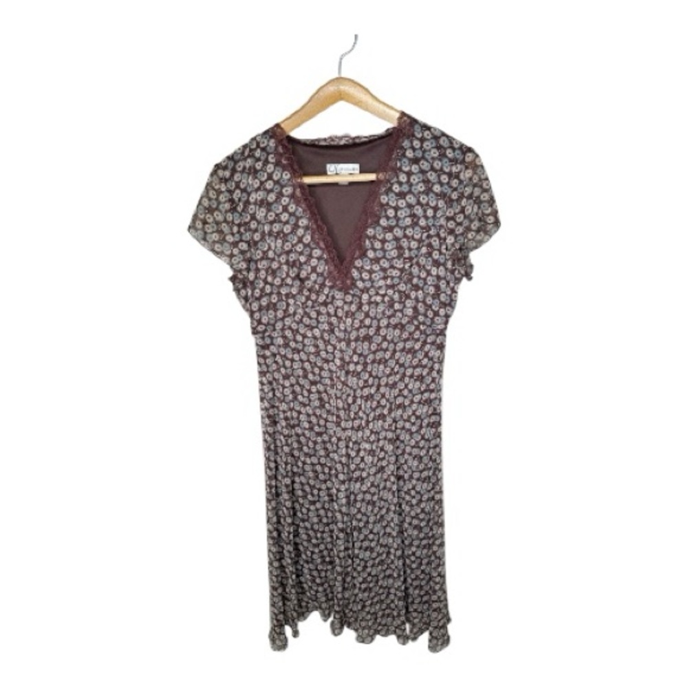 Vintage Y2K Empire Waist Babydoll Dress Lace Neckline Lettuce Hem Brown Floral